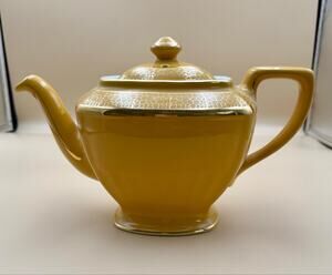 Vintage Hall China 6 Cup Teapot Burnt Orange Gold Crackle Art Deco USA
